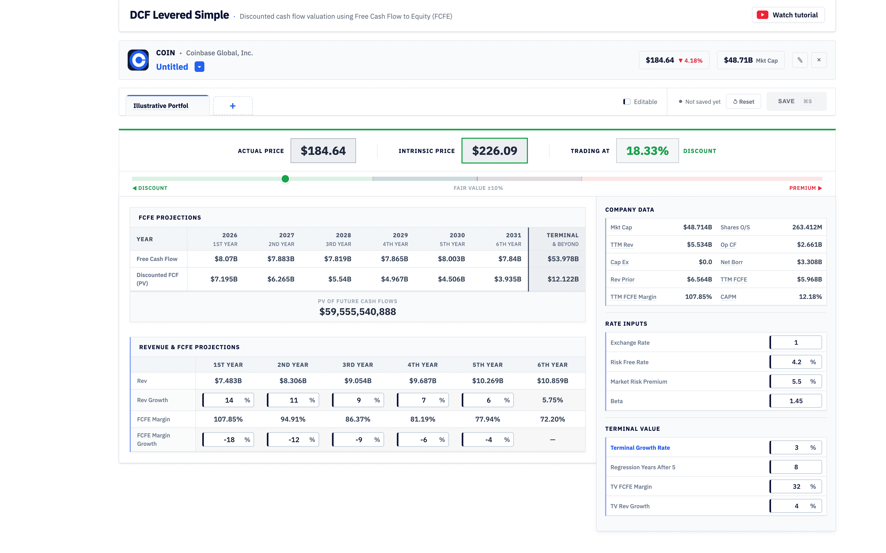 Fort Gamma DCF Levered Simple with illustrative Coinbase valuation assumptions